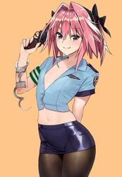 1boy astolfo_(fate) edit edited fangs fate_(series) female femboy firearm fully_clothed gun handcuffs handgun holding_gun holding_object human looking_at_viewer male_focus male_only midriff_baring_shirt photoshop pink_eyes pink_hair police police_uniform revealing_clothes revolver ribbon shiny_clothes skirt stockings tight_clothing trap weapon yahako yomu_(sgt_epper)