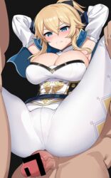 1girls 2boys armpits arms_behind_head arms_up bangs bar_censor big_breasts blonde_hair blue_capelet blue_eyes blush breasts breasts_out capelet censored cleavage clenched_teeth clothed clothed_female detached_sleeves female female_focus full_nelson fully_clothed genshin_impact hair_ribbon high_ponytail highres imminent_sex jean_gunnhildr large_breasts leg_grab long_hair male medium_hair multiple_boys ndgd pants penis photo ponytail ribbon solo_focus spread_legs straight sweat teeth tight tight_pants white_pants young