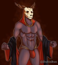 black_clothing bulge claws colored dasinbun demon elias_ainsworth horns jewelry looking_at_viewer male male_only muscular nipples partially_clothed purple_skin red_eyes robe simple_background skull_mask solo the_ancient_magus_bride