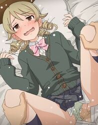 1boy bed_sheet black_skirt blonde_hair blush bow bowtie brown_eyes cardigan censored clothed_sex clothing_aside commentary_request drill_hair eyebrows_visible_through_hair female floral_print green_panties hands_on_another's_knees idolmaster idolmaster_cinderella_girls long_sleeves lying morikubo_nono mosaic_censoring on_back open_mouth panties panties_aside penis pillow plaid plaid_skirt sex shirt short_hair skirt socks solo_focus straight sweat tears tomu_(tomubobu) underwear vaginal_penetration wavy_mouth white_shirt