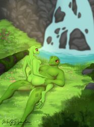 2020 4_toes 5_fingers amphibian anthro anthro_on_anthro anthro_penetrated anthro_penetrating anthro_penetrating_anthro ass balls breasts cowgirl_position duo female female_on_top female_penetrated fingers flower frog genitals grass green_body green_skin hand_on_hip hand_on_leg hand_on_thigh hi_res male male_on_bottom male_penetrating male_penetrating_female nipples on_bottom on_top penetration plant pond red_eyes sex shrub signature straight text toes url wolfpsalm