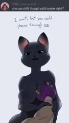 2020 2d 2d_animation animated anthro areola ask_blog black_eyes breast_grab breasts dialogue domestic_cat english_text felid feline felis feliscede female fur green_sclera grey_body grey_fur hand_on_breast looking_at_viewer mammal nipples open_mouth short_playtime simple_background solo text white_background