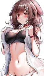 1girls big_breasts blush bra bracelet braid brown_hair cleavage dog_ears dog_girl hair_between_eyes hazel_eyes hololive hololive_gamers hololive_japan inugami_korone jacket kemonomimi navel open_clothes orange_eyes panties sak_(lemondisk) solo tummy underwear virtual_youtuber