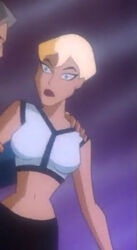 batman_(series) batman_beyond belly_button big_breasts blonde_hair blue_eyes chelsea_cunningham clothed_female dc dc_comics dcau female female_only looking_at_viewer short_hair striped_shirt