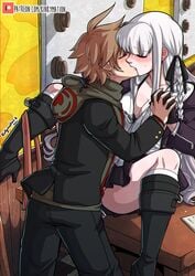 1boy 1girls 2020 ambiguous_penetration blush blushing boots brown_hair classroom classroom_desk cleavage clothed couple couple_(romantic) couple_love danganronpa danganronpa:_trigger_happy_havoc danganronpa_1 desk eyelashes eyes_closed female gloves holding_hands hoodie human human_focus human_only implied_penetration implied_sex intimate kinkymation kirigiri_kyouko kiss kissing legs_apart legs_spread long_hair love male male/female medium_breasts naegi_makoto passionate passionate_kiss romantic romantic_couple school school_desk short_hair sitting sitting_on_desk spread_legs spreading spreading_legs straight straight_hair table white_hair wholesome