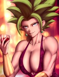 1girls biceps big_breasts bracelet breasts dno dragon_ball dragon_ball_super dress earrings female fusion green_eyes green_hair kefla legendary_super_saiyan light-skinned_female light_skin looking_at_viewer muscles muscular muscular_female potara_earrings saiyan short_hair spiky_hair super_saiyan