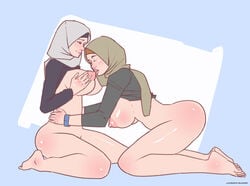 2girls big_breasts bolapistarize bottomless breasts clothing female hijab mostly_nude multiple_girls nipple_suck pantless partially_clothed yuri