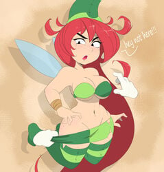 ass_freckles betilla_(rayman) bra breasts canvas cleavage clothes_removed curvaceous disembodied_hand disembodied_hands english english_dialogue english_text fairy female female_focus female_only freckles green_stockings hat humanoid long_hair nymph_(rayman) rayman_(series) rayman_origins red_hair simple_background solo source_request text torn_clothing ubisoft usnarbit wings wristband year_request