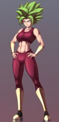 1girls abs belly big_breasts blue_eyes boots breasts dno dragon_ball dragon_ball_super earrings female female_only full_body fusion green_hair grey_background kefla legendary_super_saiyan light-skinned_female light_skin looking_at_viewer muscles muscular muscular_female potara_earrings saiyan short_hair smile solo spiky_hair sports_bra super_saiyan super_saiyan_2 tight_clothing white_skin yoga_pants