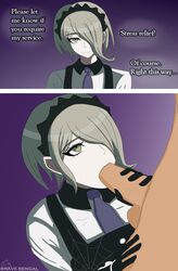 1boy 1girls bravebengal clothed_female_nude_male danganronpa danganronpa_v3 dialogue english_text erection fellatio hair_over_one_eye handjob instant_loss_2koma maid maid_headdress oral penis sex silver_hair straight_hair text toujou_kirumi