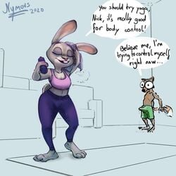 1:1 2020 anthro bodily_fluids canid canine closed_eyes clothed clothing dialogue disney duo english_text erection erection_under_clothing exercise female fox genital_fluids hi_res judy_hopps lagomorph leporid male mammal nick_wilde nymous precum precum_on_ground rabbit rough_sketch sweat text towel water_bottle yoga_pants zootopia