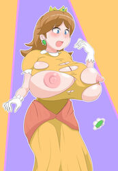 1girls areolae blush breast_expansion breasts embarrassed expansion female female_only huge_breasts hyper_breasts kukanugi large_breasts mario_(series) nintendo nipples princess_daisy solo solo_female surprised torn_clothes