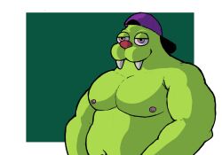 anthro bugsnax chandlo_funkbun clothing fur green_body green_fur grumpus hat headgear headwear hi_res male male_only marvofun musclegut muscular muscular_male nipples overweight overweight_male pecs sharp_teeth short_stack shortstack simple_background solo teeth tusks young_horses