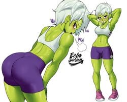 1girls alien_girl armpits arms_behind_head arms_up ass ass_focus blush breasts cheelai dat_ass dragon_ball dragon_ball_super echosaber eye_contact female fit_female green_skin gym_clothes gym_shorts gym_uniform humanoid looking_at_viewer muscular_female purple_background short_hair silver_hair solo spandex_shorts sports_bra standing sweat sweatdrop sweating sweaty text thighs white_background white_hair