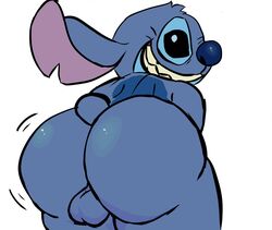 2019 alien anthro ass back_markings balls black_eyes blue_balls blue_body blue_fur blue_nose disney experiment_(lilo_and_stitch) filthyopossum fur genitals head_tuft lilo_and_stitch looking_back male male_only markings sharp_teeth small_tail smile solo standing stitch teeth tuft twerking