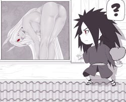 1boy 1girls 3_eyes ? areolae ass being_watched bent_over bonsai breasts chibi clothing heart hiding holding_object horns lipstick long_hair looking_at_partner makeup multi_eye naked naruto naruto_(series) naruto_shippuden nipples nude otsutsuki_kaguya parted_lips partially_colored peeping red_eye red_eyes rinne_sharingan roof sharingan smile speech_bubble standing uchiha_madara vagina very_long_hair watching window