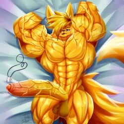 abs anthro ball_tuft balls bed_sheet bedding biceps big_muscles big_penis blonde_hair bodily_fluids canid canine dog_tags dripping erection fennec fox fur genital_fluids genitals hair hi_res huge_biceps huge_cock huge_muscles huge_triceps hyper hyper_genitalia hyper_penis jewelry long_tail looking_at_viewer lying male male_only mammal muscular muscular_anthro muscular_male muscular_thighs nude obliques on_back pecs penis pose precum precum_drip purple_eyes solo taiko-sihori tail thick_thighs tongue tongue_out tuft vein veiny_arms veiny_muscles veiny_penis yellow_body yellow_fur