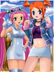 2girls belly_button blue_eyes breasts choker cipher_admin female female_focus female_only genius_sonority ginger gloves green_eyes hand_on_hip jacket lovrina_(pokemon) midriff mirei_(pokemon) nintendo orange_hair panties pencil_skirt pink_hair pink_panties pokemoa pokemon pokemon_colosseum pokemon_xd red_hair rui_(pokemon) short_skirt skirt stomach team_cipher tummy twintails underwear upskirt white_gloves white_panties