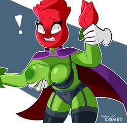 ! 1girls big_breasts black_bra black_lingerie black_panties blush bra breast_grab breasts cape disembodied_hand grabbing_breasts grabbing_from_behind grabbing_wrist green_body lingerie one_breast_out open_mouth panties plant plant_girl plants_vs_zombies plants_vs_zombies:_heroes rose_(pvz) skyline_comet