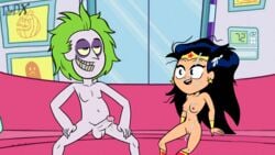 1boy 1girls accurate_art_style after_sex beetlejuice beetlejuice_(character) black_hair breasts couch crossover cum cum_leaking cum_on_body cum_on_breasts dc_comics dedx diana_prince facial female green_hair messy_hair nude pale-skinned_male pink_nipples pussy smile superheroine teen_titans_go tim_burton wonder_woman wonder_woman_(series)