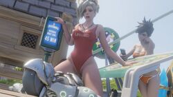 1boy 2girls 3d bewyx blender blonde_hair blue_eyes brown_hair cyborg freckles genji lifeguard_mercy lifeguard_tracer mercy one-piece_swimsuit overwatch ponytail short_hair swimsuit tracer watching