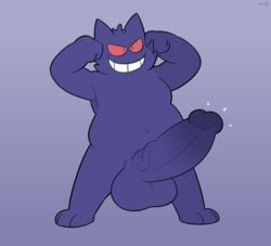 1boy anthro balls big_balls big_penis birdvian flexing gengar genitals ghost grin hi_res huge_cock male male_only nintendo penis pokémon_(species) pokemon simple_background smile solo spirit standing vein veiny_penis video_games