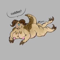 1:1 absurd_res anthro areola ass belly bethesda_softworks big_breasts big_butt blue_eyes blush breasts brown_body claws deathclaw dialogue english_text fallout female hi_res horn kyain looking_at_viewer lying nipples nude on_front pink_areola pink_nipples scales simple_background slightly_chubby solo speech_bubble text thick_thighs video_games