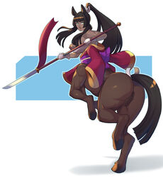 absurd_res animal_genitalia animal_pussy anus black_hair brown_body brown_fur brown_hair centaur equid equid_taur equine_pussy female fur genitals greenmarine hair hi_res holding_object holding_weapon mammal mammal_taur melee_weapon naginata nipples polearm ponytail pussy solo taur weapon