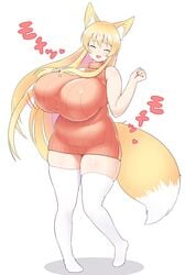 ^_^ animal_ears bare_shoulders blonde_hair bouncing_breasts breasts chubby closed_eyes curvy eyebrows_visible_through_hair female fox_ears fox_girl fox_tail full_body futon_(artist) highres huge_breasts japanese_text long_hair open_mouth original simple_background smile solo sound_effects tail thick_thighs thighhighs thighs white_background white_legwear yuzuno_(futon)