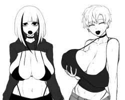 2girls big_breasts bikini black_lipstick bob_cut breast_grab choker cleavage goth hoodie lip_piercing milf-chan(truelordpotato) piercing short_hair sweat tagme thong truelordpotato