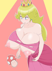 alternate_breast_size areolae big_breasts blush breast_expansion breasts embarrassed expansion female female_only huge_breasts hyper_breasts kukanugi large_breasts mario_(series) nintendo nipples princess_peach solo solo_female super_mario_bros. surprised torn_clothes