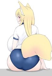 animal_ears ass ass_focus blonde_hair blue_buruma booty breasts buruma female fox_ears fox_girl fox_tail from_behind futon_(artist) gigantic_breasts highres huge_ass huge_breasts long_hair looking_at_viewer looking_back original red_eyes shirt short_sleeves sideboob sitting solo tail white_background white_shirt yuzuno_(futon)