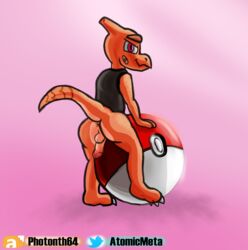 1boy absurd_res anus ass atomicmeta bottomless charmeleon clothed clothing erection genitals hi_res leaning_on_object looking_at_viewer male_only nintendo pokéball pokémon_(species) pokemon reptile scalie shirt solo spread_butt spread_legs spreading tank_top thomas_(lonelycharart) topwear video_games