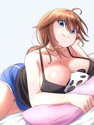 admiral_bahroo big_breasts blue_eyes breasts brown_hair cleavage huge_breasts indie_virtual_youtuber kaynimatic looking_at_viewer samantha_(admiral_bahroo) thighs virtual_youtuber