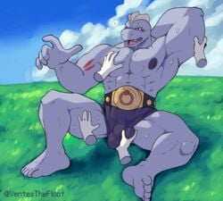 abs absurd_res ambiguous_gender bara barefoot belt big_nipples blue_sky bodily_fluids bulge clothing cloud confused_look confusion day disembodied_hand floating_hands ghost_hands grass grass_field grassland grope groping_balls groping_chest group hi_res humanoid machoke male male/ambiguous male_only muscle_worship muscular muscular_male nintendo nipples no_humans painted_background pokémon_(species) pokemon pokemon_(species) sitting sky sweat toes underwear ventesthefloof video_games