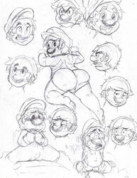 ass big_ass black_and_white blush briefs bulge chest embarrassed looking_back male_only mario mario_(series) moustache nervous nintendo nipples overalls salad_pervert sketch solo solo_male sweat tearing_clothes thick_thighs torn_clothing traditional_media_(artwork)