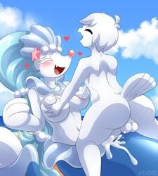 alfa995 anthro avian balls big_breasts blush bodily_fluids breasts cum duo female genital_fluids genitals hair hi_res male marine nude open_mouth pokémon_(species) pokemon pokemon_rgby pokemon_sm primarina seel smile straight