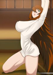 1girls arms_up benhxgx big_breasts bottomless breasts brown_hair clothing female female_only green_eyes hair_over_one_eye large_breasts lipstick long_hair long_sleeves looking_at_viewer makeup mei_terumi naruto naruto_(series) naruto_shippuden pajamas partially_clothed sideboob solo very_long_hair