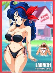 1girls artist_name bangs beach belly belly_button big_breasts bikini bikini_bottom bikini_top black_bikini blue_eyes blue_hair border bow bowtie breasts cameltoe character_name cleavage cleft_of_venus curly_hair curvaceous curvy curvy_figure dragon_ball dragon_ball_(classic) dragon_ball_super dragon_ball_z female female_focus good_launch groin hair_ornament hi_res high_resolution highleg highleg_bikini highleg_swimsuit highres hourglass_figure house kame_house labia large_breasts launch legs_together light-skinned_female light_skin linea_alba long_hair looking_at_viewer lunch_(dragon_ball) male master_roshi navel parted_bangs partially_visible_vulva patreon_username pose posing red_border sano-br shiny shiny_skin shounen_jump side-tie_bikini slim_waist smile swimsuit thick_thighs thighhighs thighs thin_waist v wide_eyed wide_hips