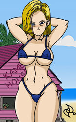 1girls 2011 abs alternate_version_at_source alternate_version_available android android_18 armpits arms_behind_head arms_up beach belly belly_button big_breasts bikini blonde_hair blue_bikini blue_eyes breasts cleavage curvaceous curves curvy curvy_female curvy_figure curvy_hips dragon_ball dragon_ball_z earrings elbow elbows female female_focus female_only female_solo gold_earrings hips hoop_earrings house looking_at_viewer looking_pleasured navel nipples omarsin outdoors smile smiling smiling_at_viewer solo solo_female solo_focus thick thick_hips thick_thighs thighs thin_waist watermark wide_hips