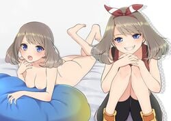 1girls ass bangs barefoot bed_sheet bike_shorts black_shorts blue_eyes breasts brown_hair collarbone eyebrows_visible_through_hair fangs female grey_background grin hairband hands_on_own_knees legs_up long_hair looking_at_viewer lying may_(pokemon) medium_breasts mokorei nipples nude on_stomach open_mouth pokemon pokemon_(manga) pokemon_adventures red_hairband red_shirt sapphire_birch_(pokemon) shiny shiny_hair shiny_skin shirt short_shorts shorts shorts_under_shorts sleeveless sleeveless_shirt smile solo squatting swept_bangs white_shorts