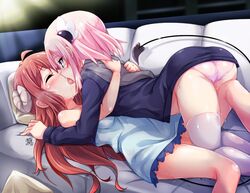 2girls ass chiyoda_momo closed_eyes commentary_request couch cowgirl_position curled_horns demon_girl demon_horns demon_tail female female/female female_focus female_on_top female_only french_kiss hair_ornament horns kemoyuri kissing long_hair lying machikado_mazoku multiple_girls on_back on_couch panties photo pillow pink_hair pink_panties pussy_juice red_hair riding saliva short_hair tail thighhighs tongue tongue_out underwear white_legwear yoshida_yuuko_(machikado_mazoku) yuri