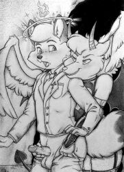 angel anthro balls blush canid canine demon duo enwood_the_fox feathered_wings feathers fox genitals germainethevixen halo heart hi_res jublenarris male male/male mammal membrane_(anatomy) membranous_wings open_mouth penis penis_grab spade_tail tail undressing_another wings