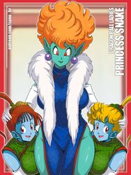 3girls big_breasts blurry_background breasts chinese_clothes comic comic_cover demon demon_girl dragon_ball dragon_ball_(classic) dragon_ball_z earrings elbow_gloves female female_focus female_only fully_clothed fur_trim gloves green_skin groin hi_res high_resolution highres hourglass_figure humanoid large_breasts loincloth nopan pointy_ears princess_snake princess_snake's_servant purple_skin qipao red_eyes sano-br shiny_skin shounen_jump side_slit slim_waist smile thick_thighs traditional_clothes white_gloves