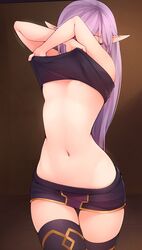 1girls areolae breasts dakimakura female female_focus female_only kaleina_(ricegnat) kerasu lift long_hair movement_lines navel nipples open_mouth original pointy_ears purple_hair pussy ricegnat shirt shirt_lift simple_background small_breasts solo solo_female thighhighs undressing