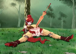 1girls abortion after_sex armor circlet clothing cum cum_in_pussy cum_inside death female_death gorget grass greaves green_eyes high_heel_boots high_heels high_ponytail miló_(rwby) outdoors ponytail pussy pyrrha_nikos red_hair red_sash rwby sash shaved_pussy shiny_hair shiny_skin strangling sword torn_clothes weapon