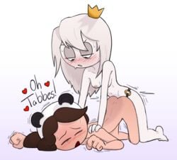 assertive assertive_female blush breasts brown_hair chillypanda crown doggy_style happy_female lezdom lezsub mannysdirt nude small_breasts strap-on strapon tabbes text trembling white_hair white_skin youtube youtuber yuri