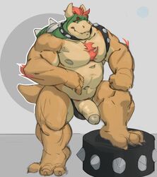 2020 3_toes absurd_res anthro armband bowser chest_tuft collar foreskin full-length_portrait genitals hair hi_res horn humanoid_genitalia humanoid_penis koopa male male_only mario_(series) musclegut muscular_arms muscular_legs nintendo nipples partially_retracted_foreskin penis portrait red_hair scalie shell simple_background solo spiked_armband spiked_collar spiked_shell spikes spikes_(anatomy) tan_body toes tuft uncut video_games vincethetiger