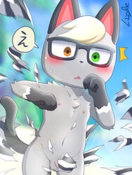 3:4 animal_crossing anthro balls blonde_hair blush clothing domestic_cat eyewear felid feline felis flaccid fur genitals glasses grey_body grey_fur hair heterochromia hi_res leaflizard0903 male male_only mammal nintendo nipples nude penis raymond_(animal_crossing) solo torn_clothing video_games wardrobe_malfunction