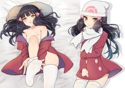 1girls bed_sheet black_hair breasts closed_mouth coat dawn_(pokemon) female hair_ornament hairclip hat long_hair looking_at_viewer lying mokorei nipples no_shoes on_back open_mouth pillow platinum_berlitz_(pokemon) pokemon pokemon_(manga) pokemon_adventures pokemon_dppt red_coat scarf shiny shiny_hair small_breasts smile stockings thighhighs white_headwear white_legwear white_scarf white_stockings white_thighhighs winter_clothes yellow_eyes zettai_ryouiki